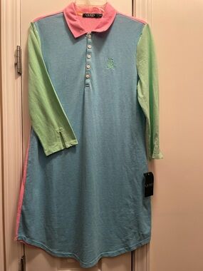 Lauren by Ralph Lauren Womens Sz Medium Pique Knit Dress Blue, Green & Pink